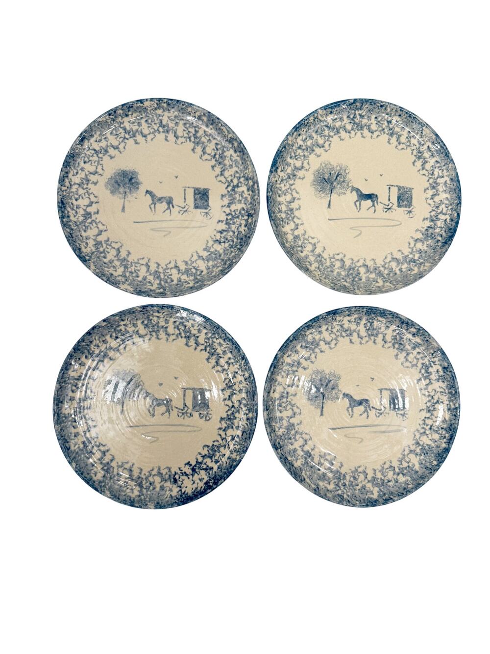 4 vintage Buttermilk Acres Plates horse buggy BH 91 blue spongeware folk pottery